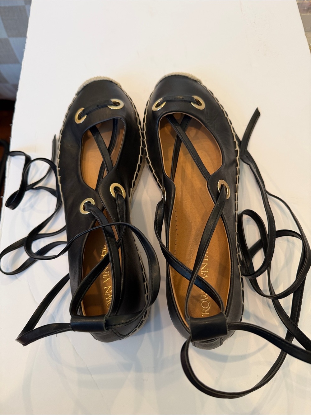 Crown Vintage Black Leather Lace-Up Espadrille Flats